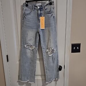 Risen Blue Straight Leg Distressed Sequin Patch Denim